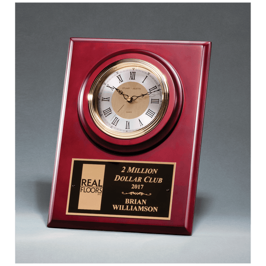 9" x 12" Cherry Finish Clock with 3 Hand Movement, Shelf Stand or Wall Mount with Black Laserable Plate