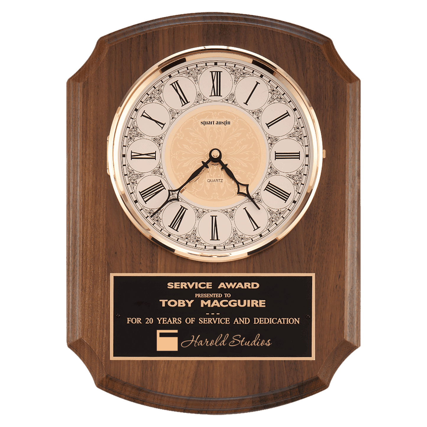 10 1/2" x 13" Walnut Quartz Clock, Brass Diamond Spun Bezel, Glass Lens, Ivory Dial, Plate