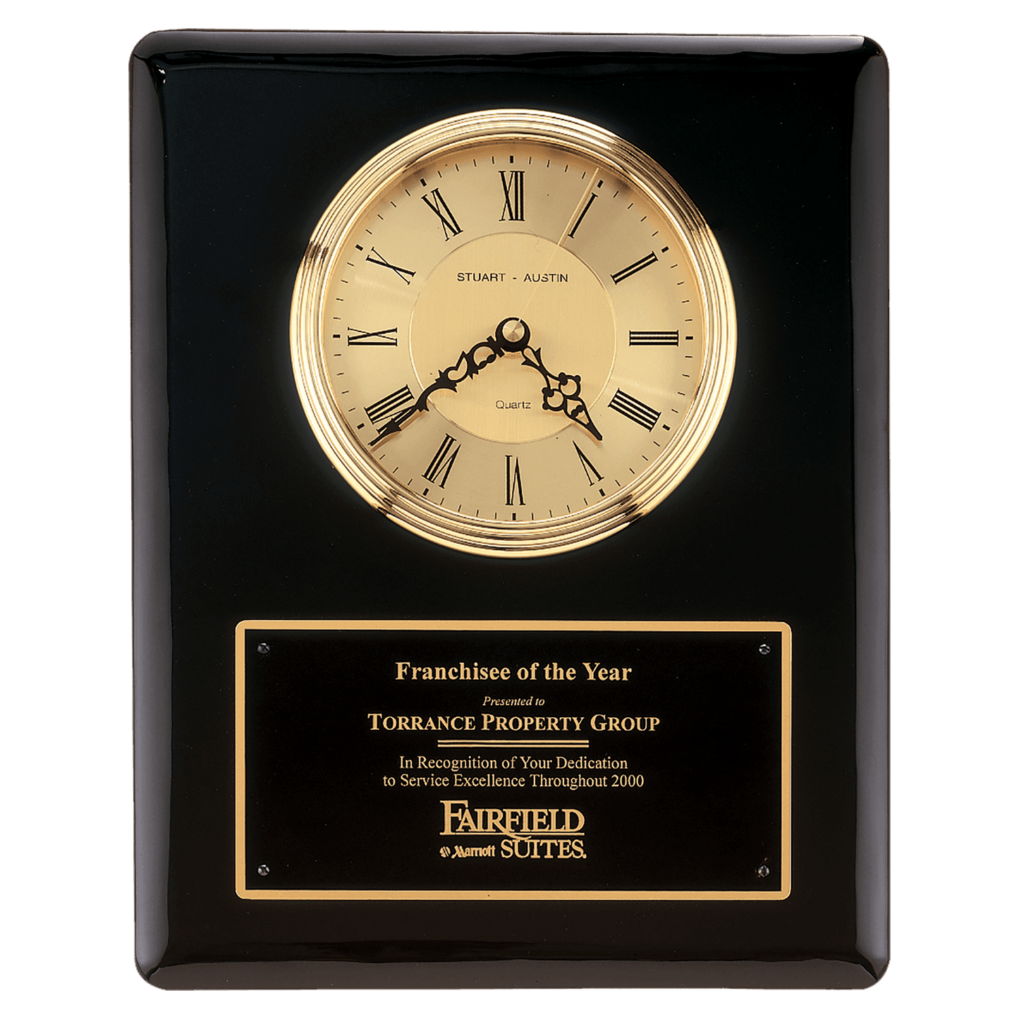 10 1/2" x 13" Black Piano Finish Clock, Waterfall Bezel with Glass Lens, Gold Dial, Plate