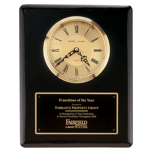 10 1/2" x 13" Black Piano Finish Clock, Waterfall Bezel with Glass Lens, Gold Dial, Plate