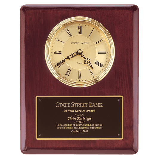 10 1/2" x 13" Rosewood Piano Finish Clock, Waterfall Bezel with Glass Lens,Gold Dial, Plate