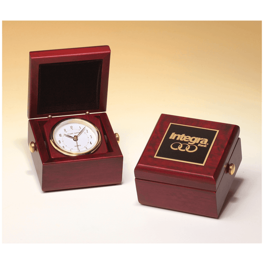 3 1/2" x 3 1/2" Hand Rubbed Mahogany Finish Box Clock, Metal Goldtone Knobs and Velour Lined Lid with Black Plate