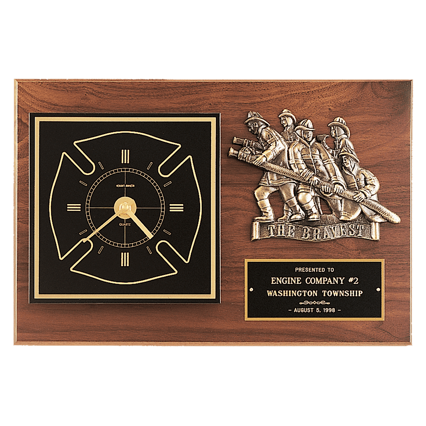 12" x 18" Walnut Plaque w/Gold Maltese Cross Clock/Firefighter Relief/Black and Brass Plate