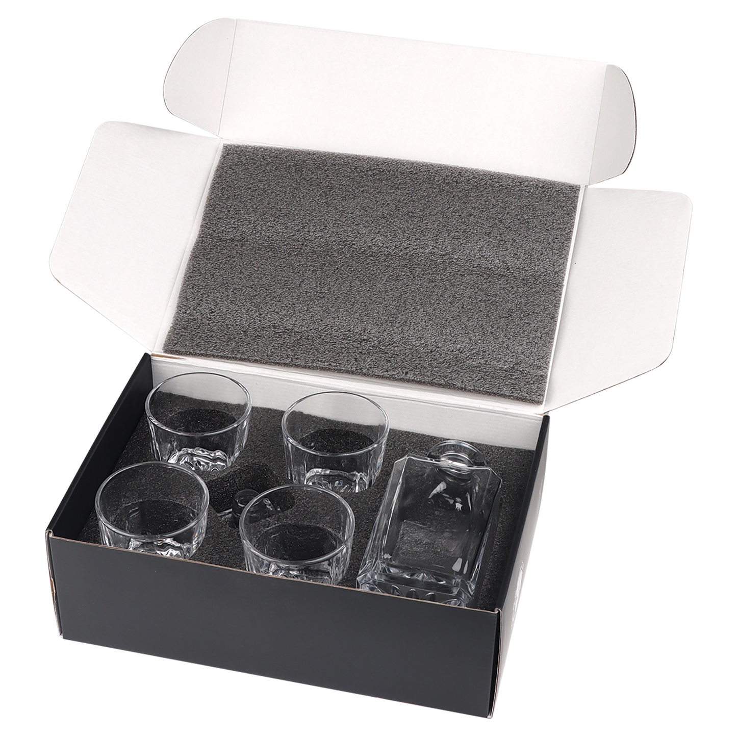 750 mL Square Glass Decanter Set with Four 11 oz. Rocks Glasses in Black Gift Box with Printed Paper Sleeve