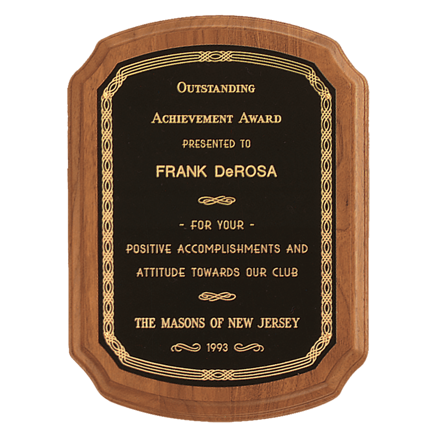 Coventry Series American Walnut Plaque with Gold Border Laserable Black Brass Plate