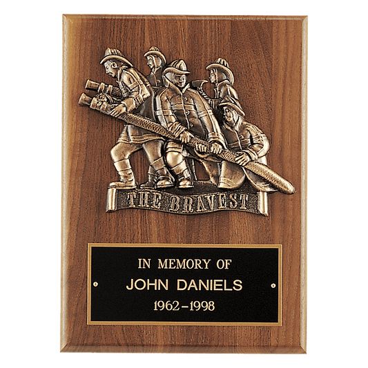 9" x 12" American Walnut Plaque, Bronze Cast Fire Department "Bravest" with Black Brass Plate