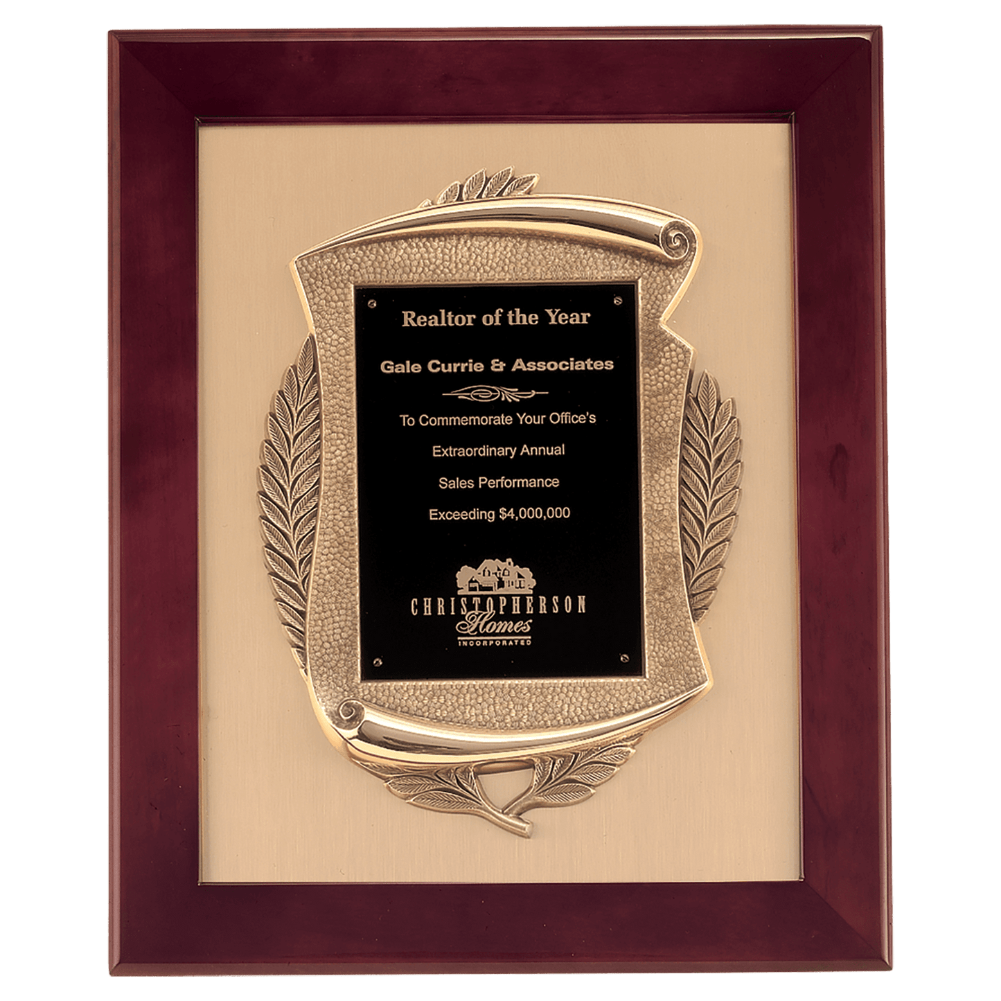 14" x 17" Rosewood Piano Finish Frame with Antique Bronze Casting with Black Plate on Brushed Gold Metal Background