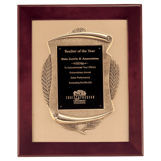 14" x 17" Rosewood Piano Finish Frame with Antique Bronze Casting with Black Plate on Brushed Gold Metal Background