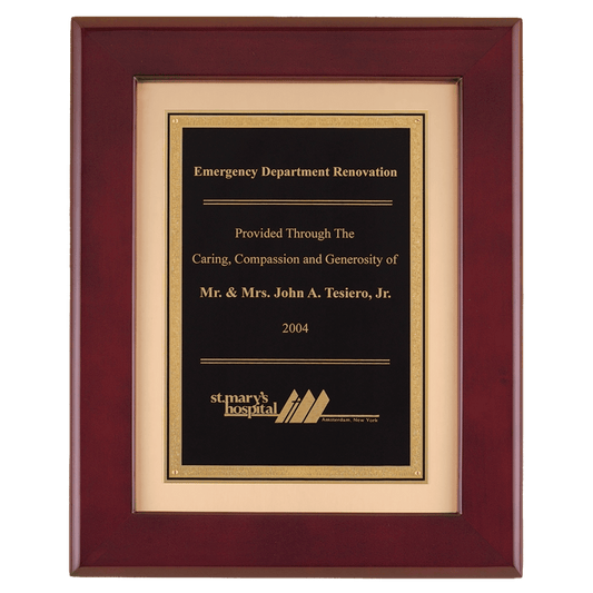 12" x 15" Rosewood Piano Finish Frame with Black Plate on Brushed Gold Metal Background