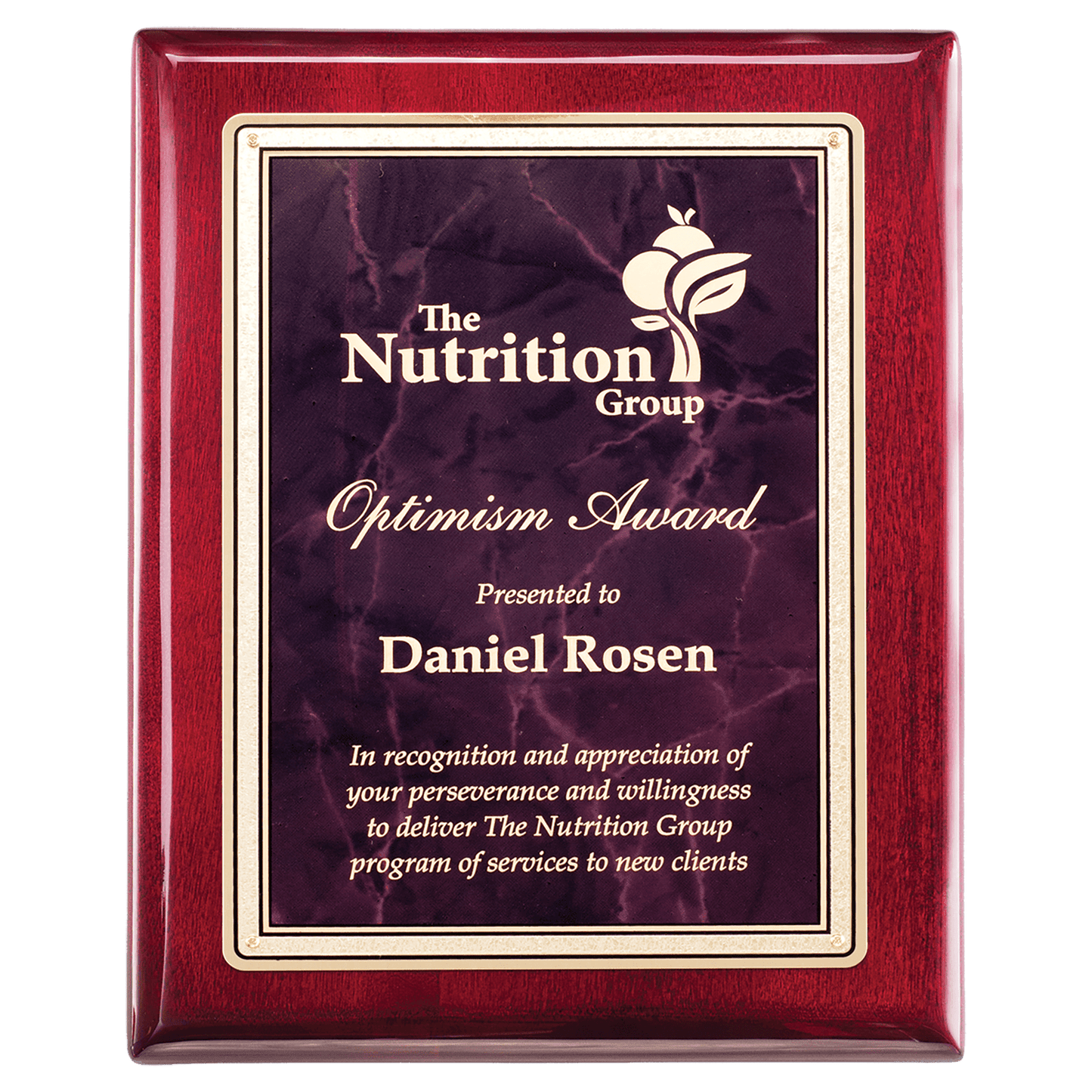 Rosewood Piano Finish Plaque with Ruby Marble/Gold Florentine Design