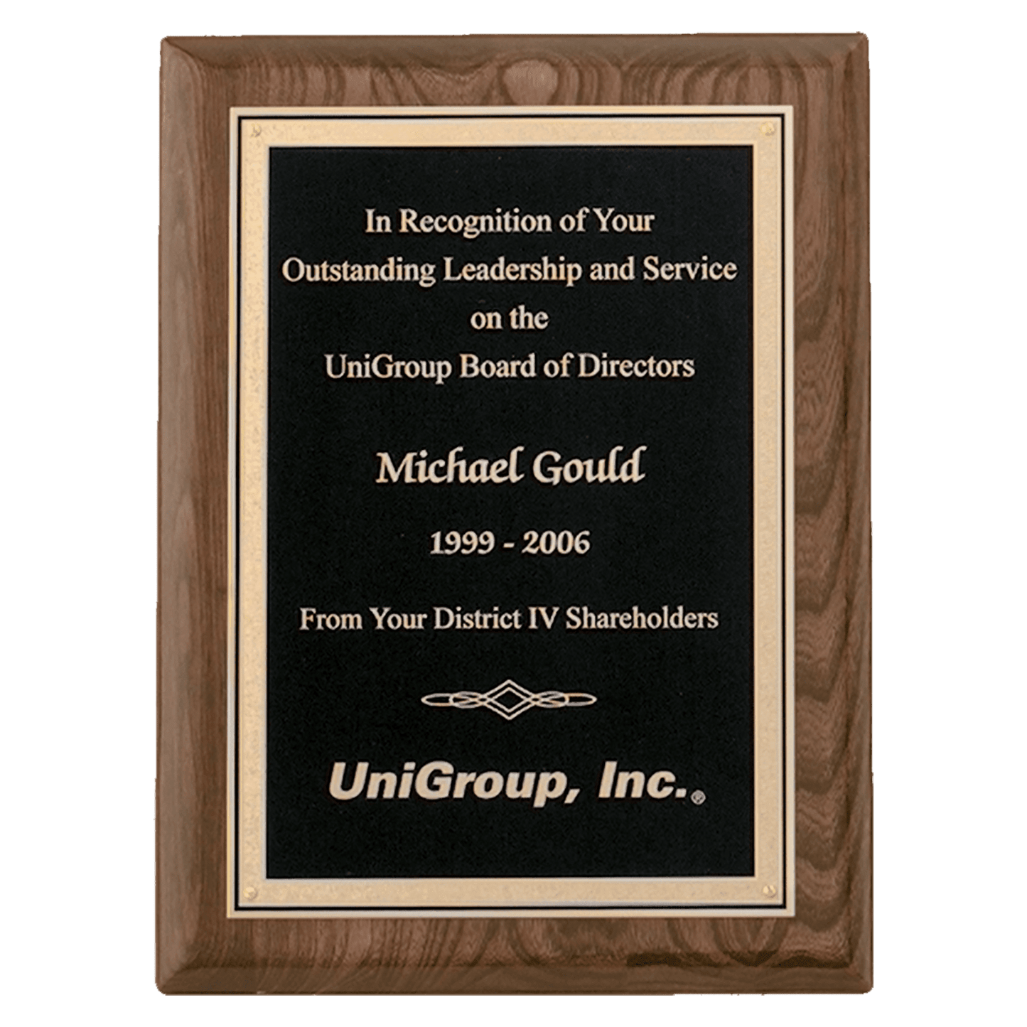 Airflyte Walnut Piano Finish Plaque with Textured Black/Gold Florentine Border