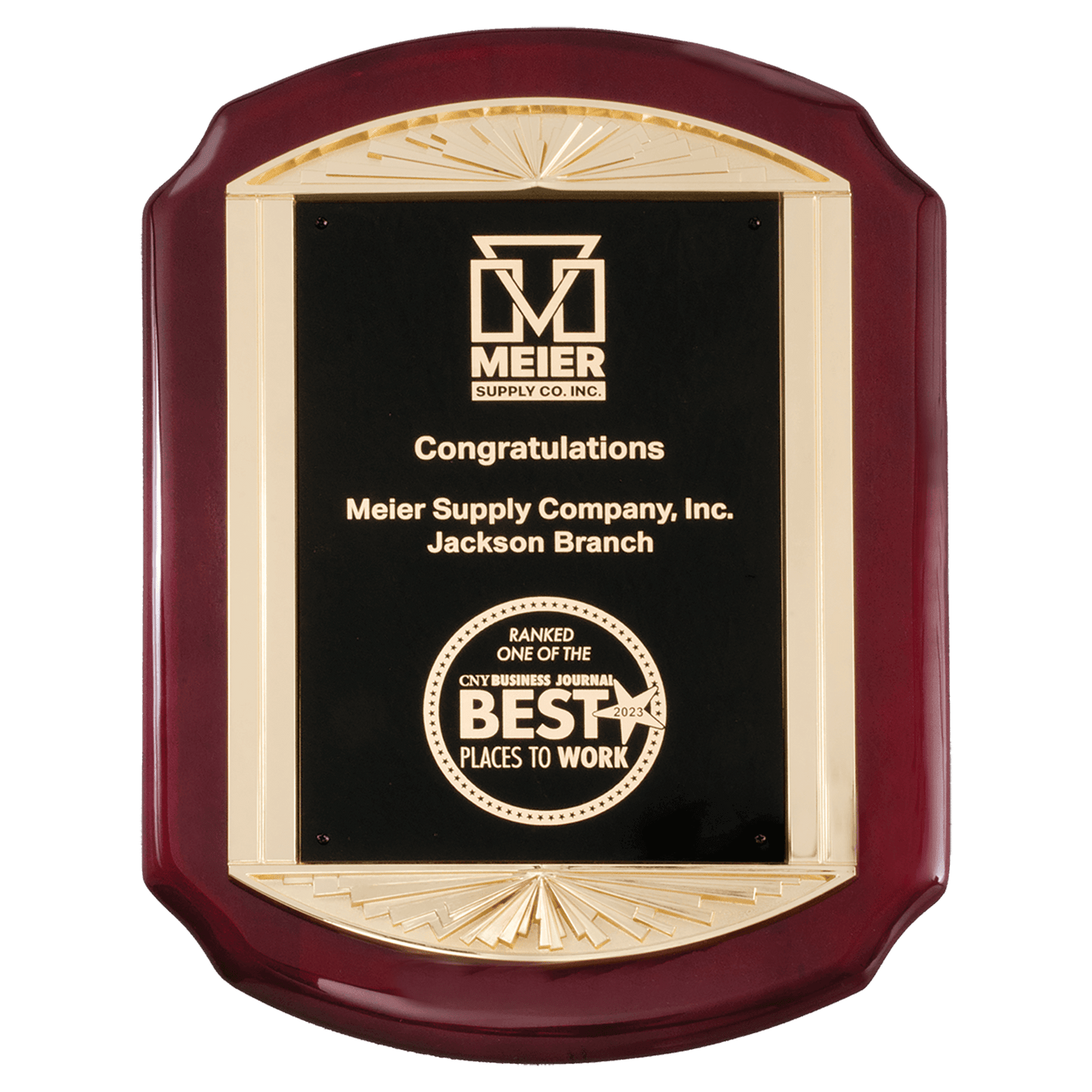 Rosewood Piano Finish Plaque with Metal Gold Sunburst Frame Casting