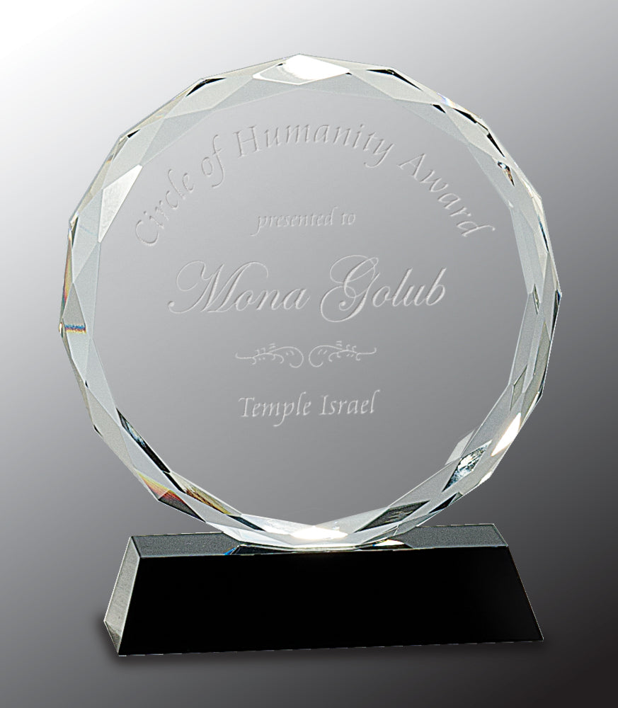 Round Facet Crystal on Black Pedestal Base