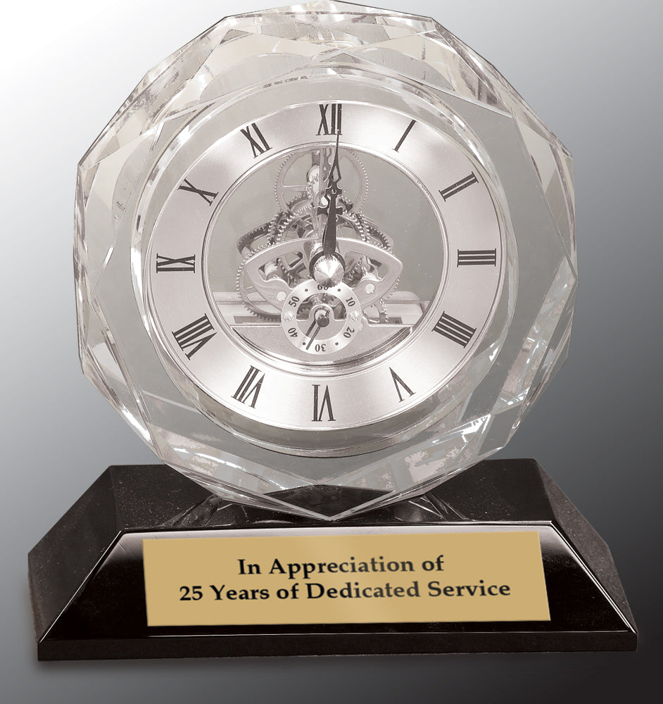 Clear Crystal Clock on Black Pedestal Base