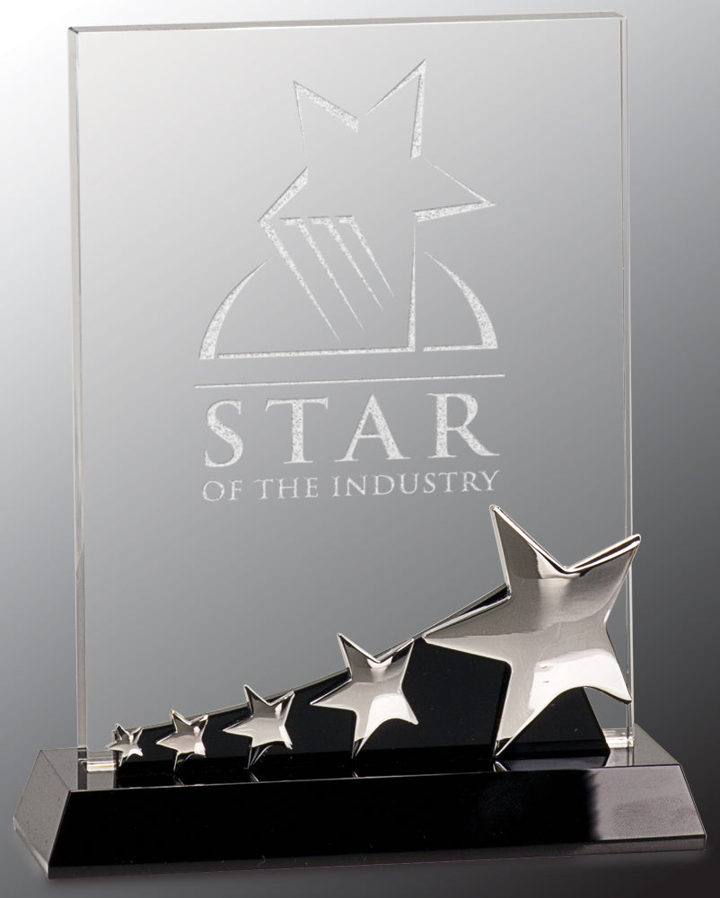 Rectangle Crystal with Silver Stars on Black Pedestal Base