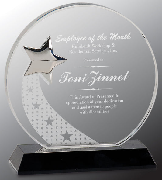 Round Crystal with Silver Star on Black Pedestal Base