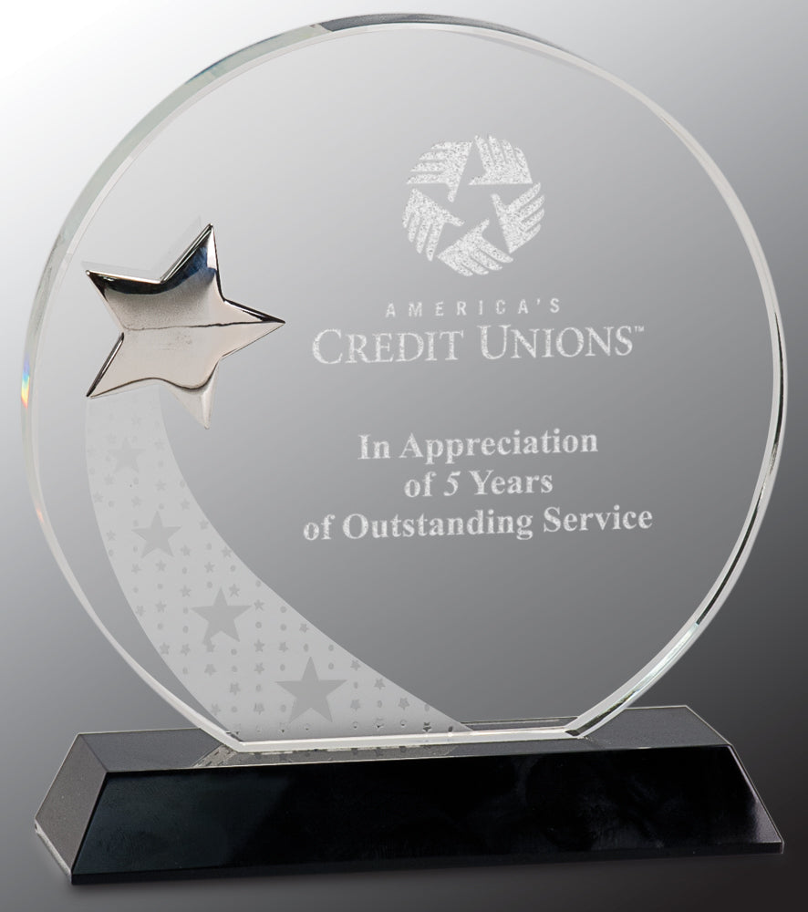 Round Crystal with Silver Star on Black Pedestal Base