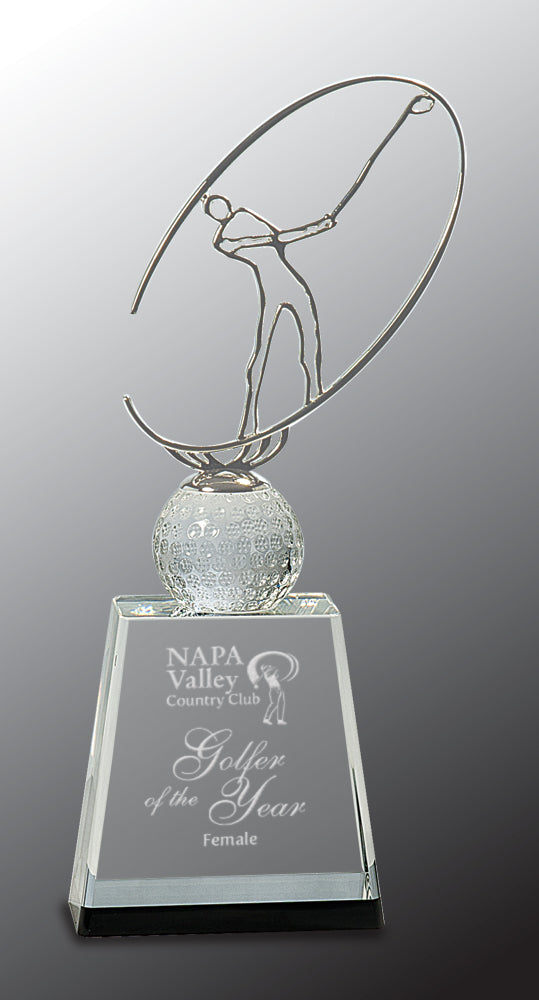 Clear/Black Crystal Golf Award with Silver Metal Oval Figure