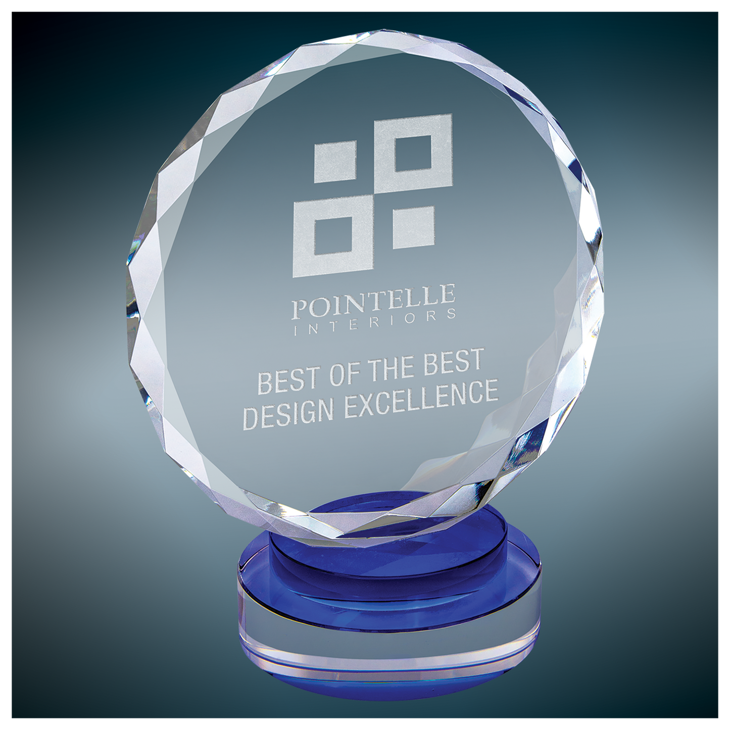 Round Facet Crystal on Blue & Clear Round Base