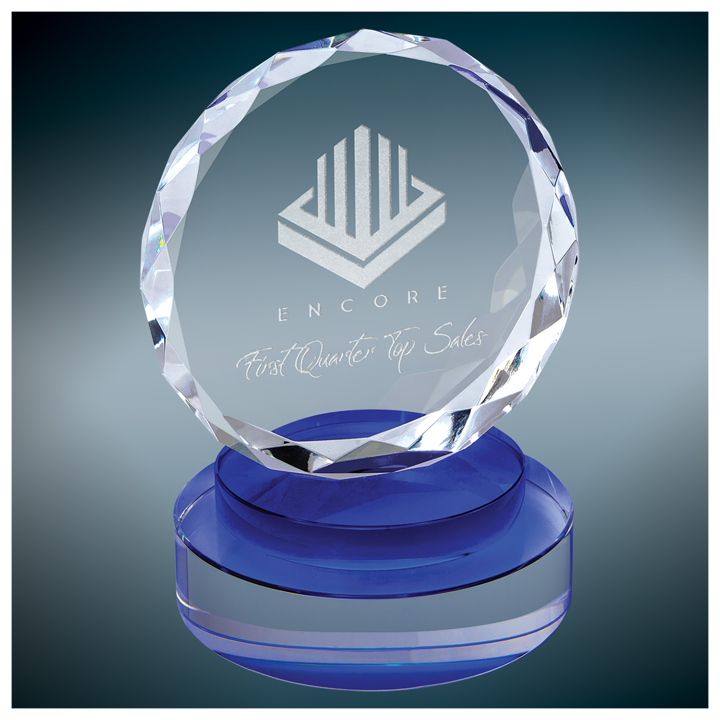 Round Facet Crystal on Blue & Clear Round Base