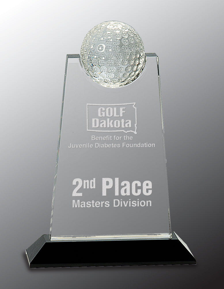Clear Crystal Tablet with Inset Golf Ball on Black Pedestal Base