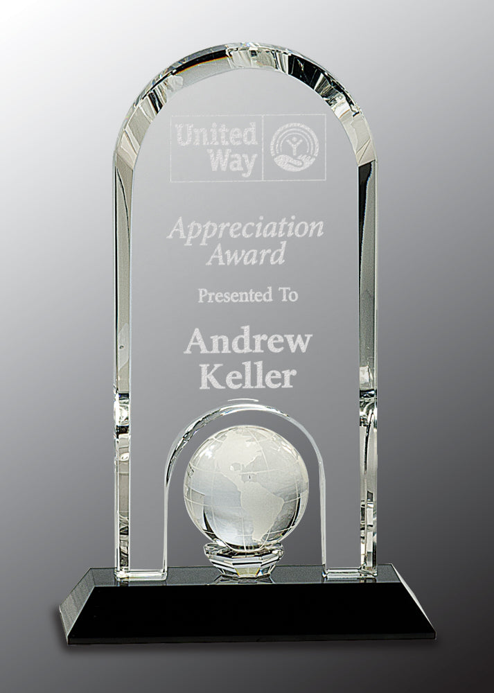 Clear Crystal Dome with Inset Globe on Black Pedestal Base