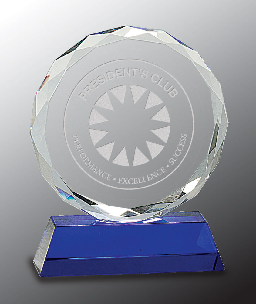 Round Facet Crystal on Blue Pedestal Base