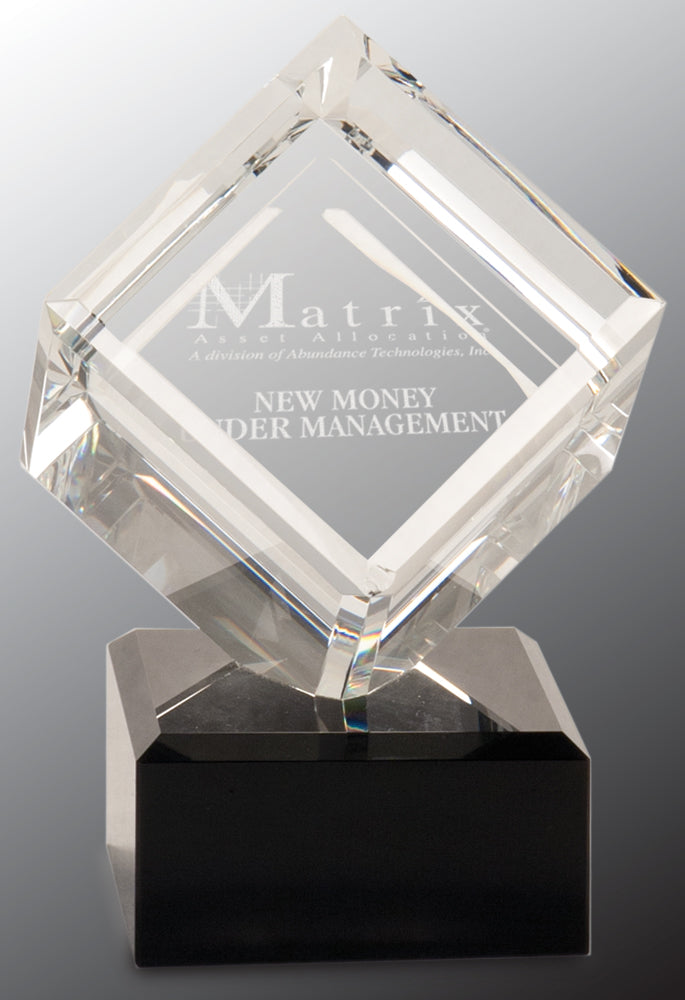 Clear Crystal Cube on Black Pedestal Base