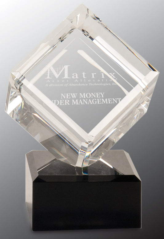 Clear Crystal Cube on Black Pedestal Base