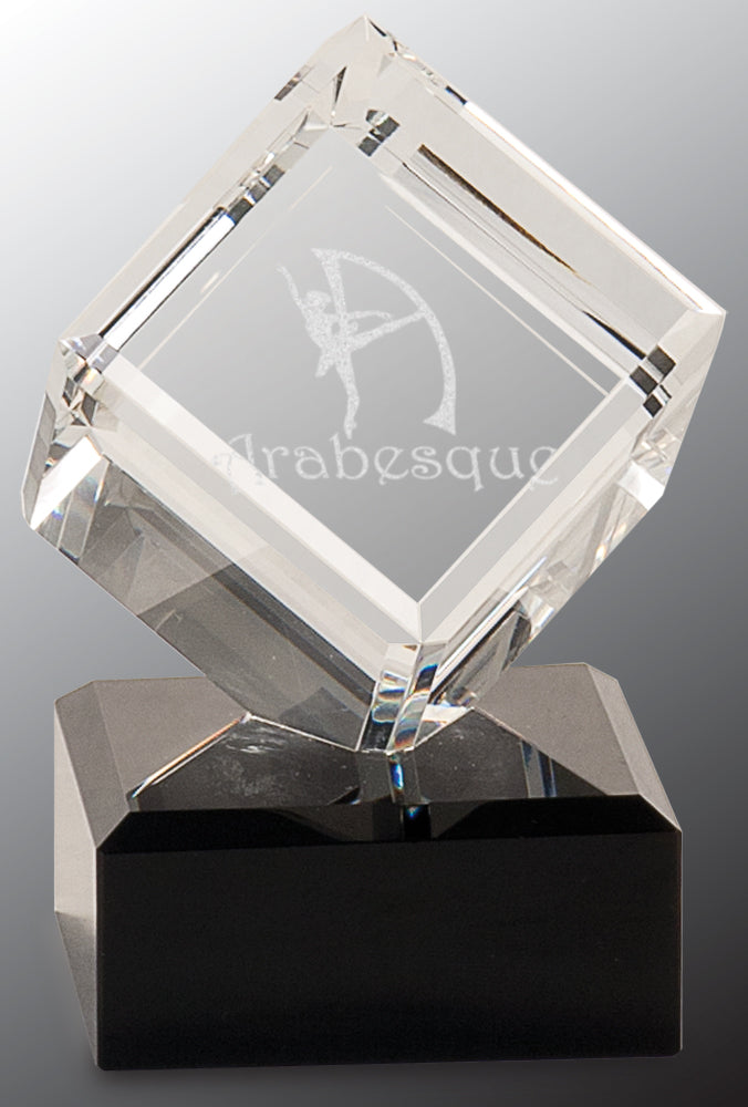 Clear Crystal Cube on Black Pedestal Base