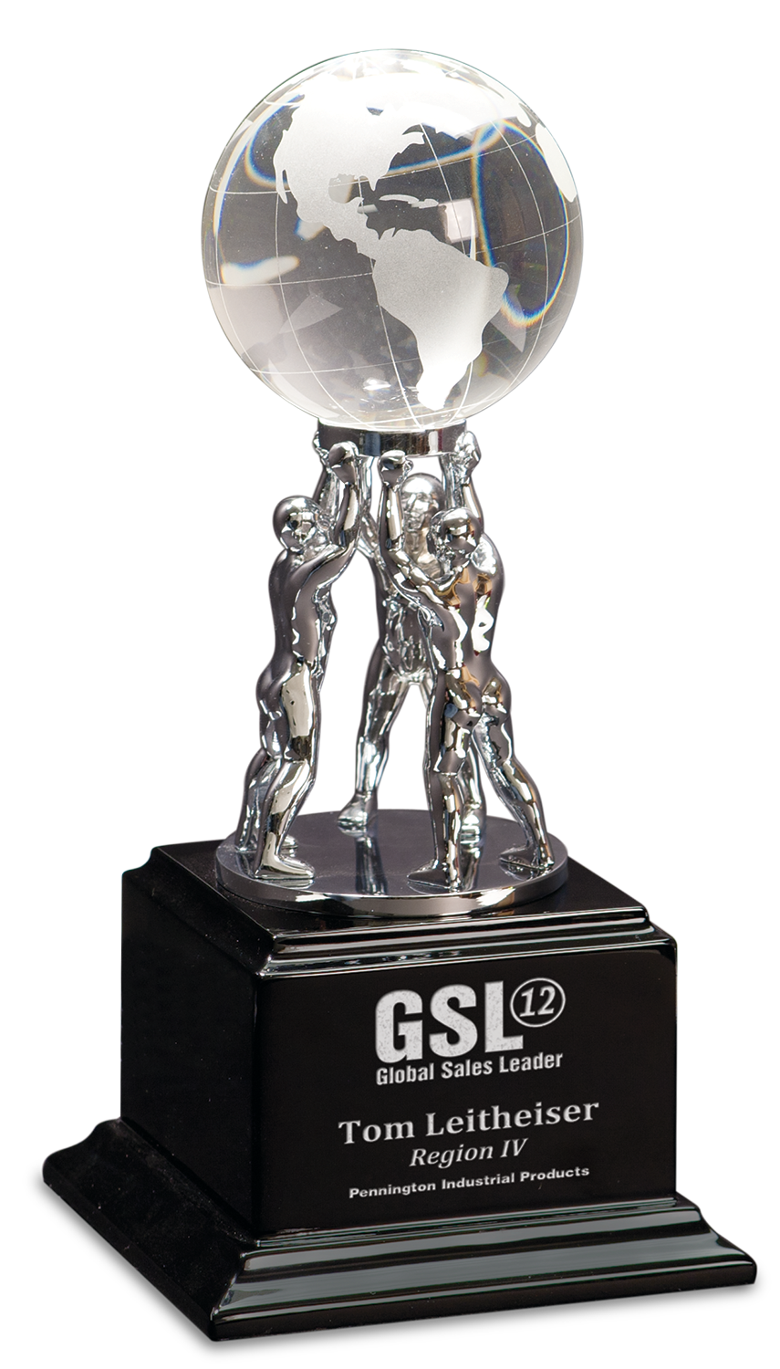 Clear Crystal Globe with Silver Men/Stand on Black Piano Finish Base