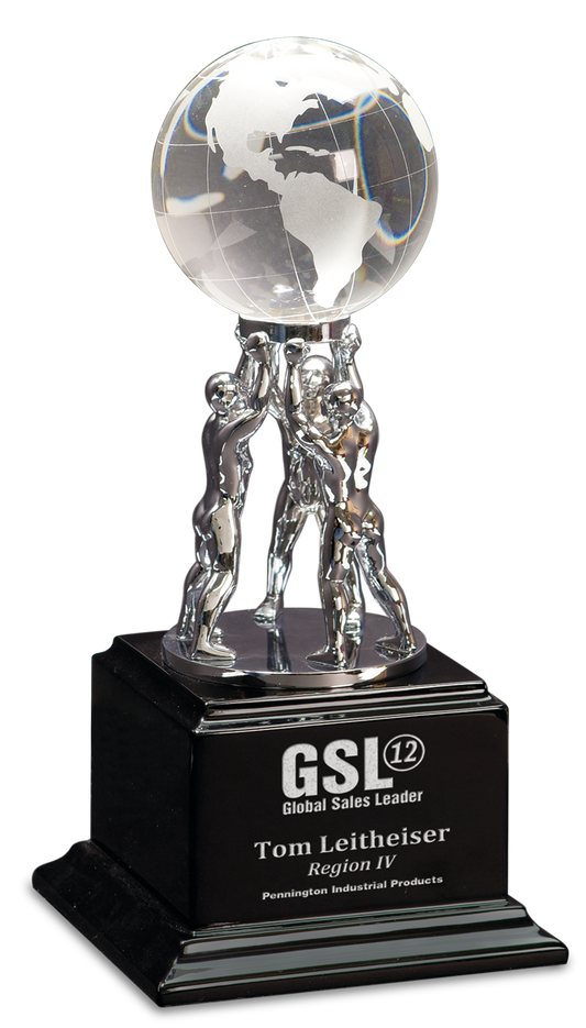 Clear Crystal Globe with Silver Men/Stand on Black Piano Finish Base