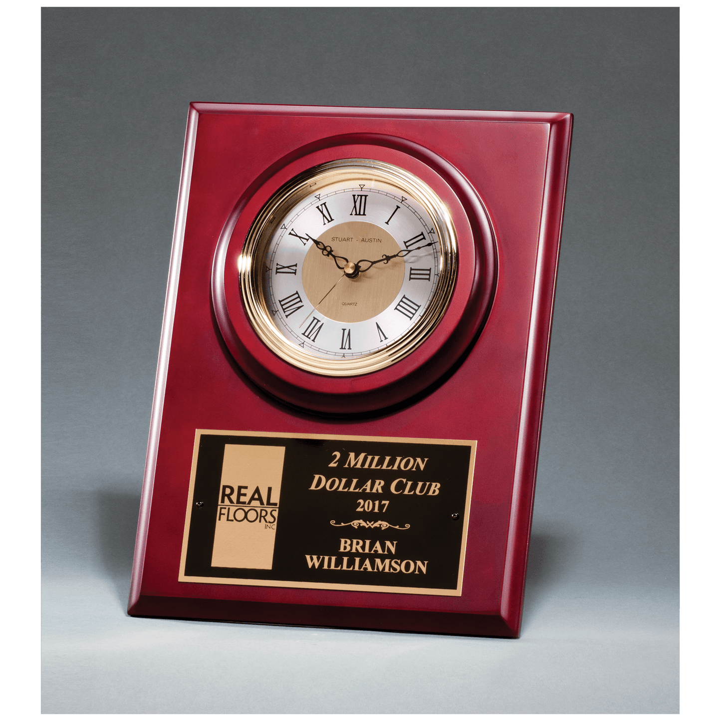 9" x 12" Cherry Finish Clock with 3 Hand Movement, Shelf Stand or Wall Mount with Black Laserable Plate