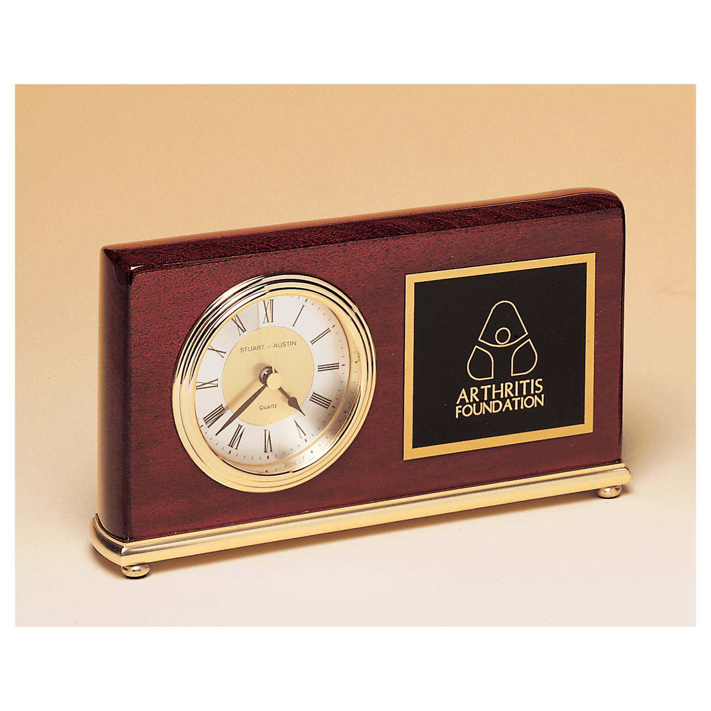 4" x 7 5/8" Rosewood Piano Finish Clock, Brass Base, Diamond Spun Dial, 3 Hand Movement with Black Laserable Plate