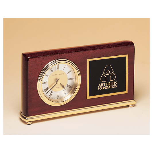 4" x 7 5/8" Rosewood Piano Finish Clock, Brass Base, Diamond Spun Dial, 3 Hand Movement with Black Laserable Plate