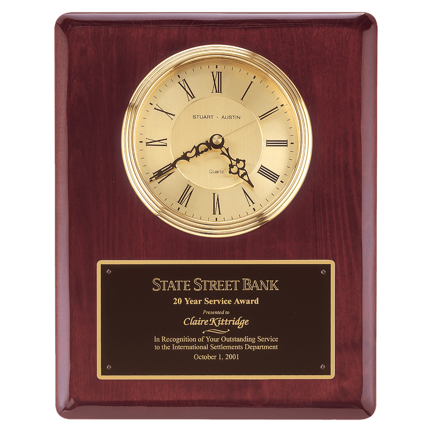 10 1/2" x 13" Rosewood Piano Finish Clock, Waterfall Bezel with Glass Lens,Gold Dial, Plate