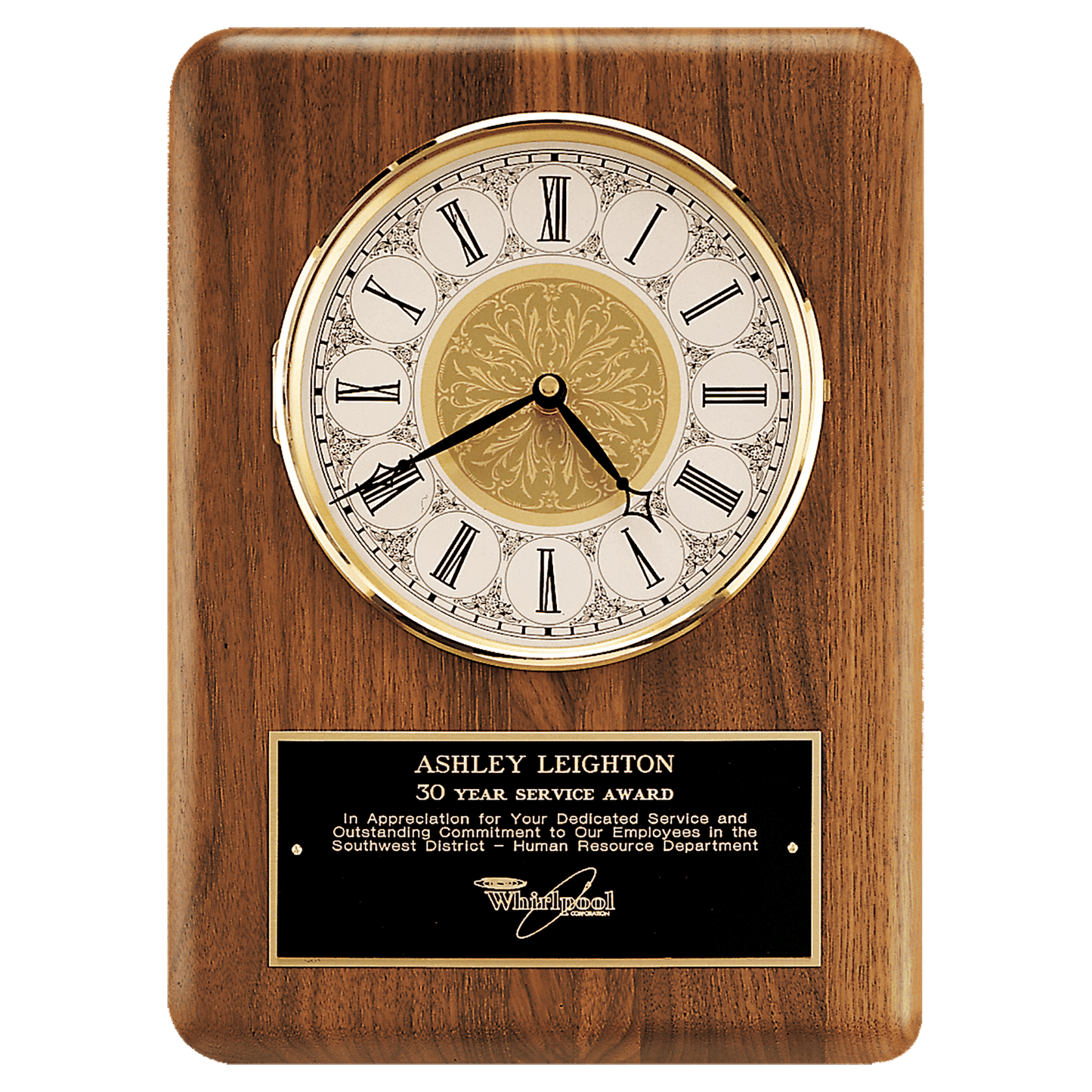 11" x 15" Genuine Walnut clock with Solid Brass Diamond Spun Bezel