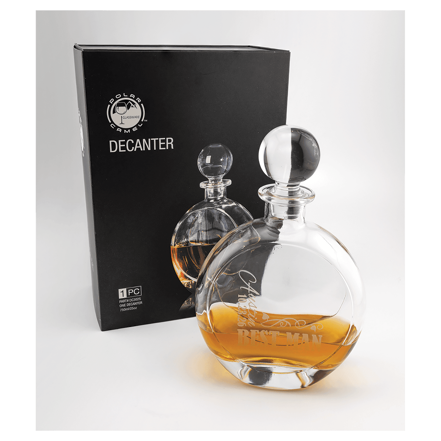 750 mL Flat Round Glass Decanter in Black Gift Box with Printed Paper Sleeve