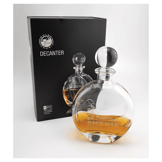 750 mL Flat Round Glass Decanter in Black Gift Box with Printed Paper Sleeve