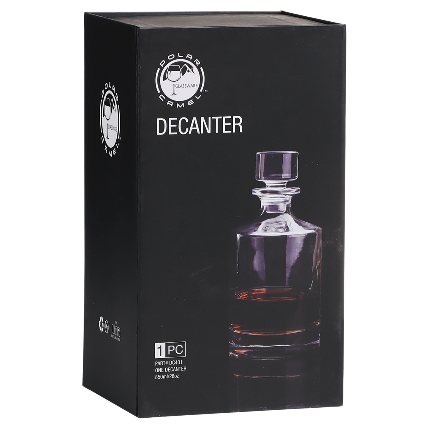 850 mL Round Glass Decanter in Black Gift Box with Printed Paper Sleeve