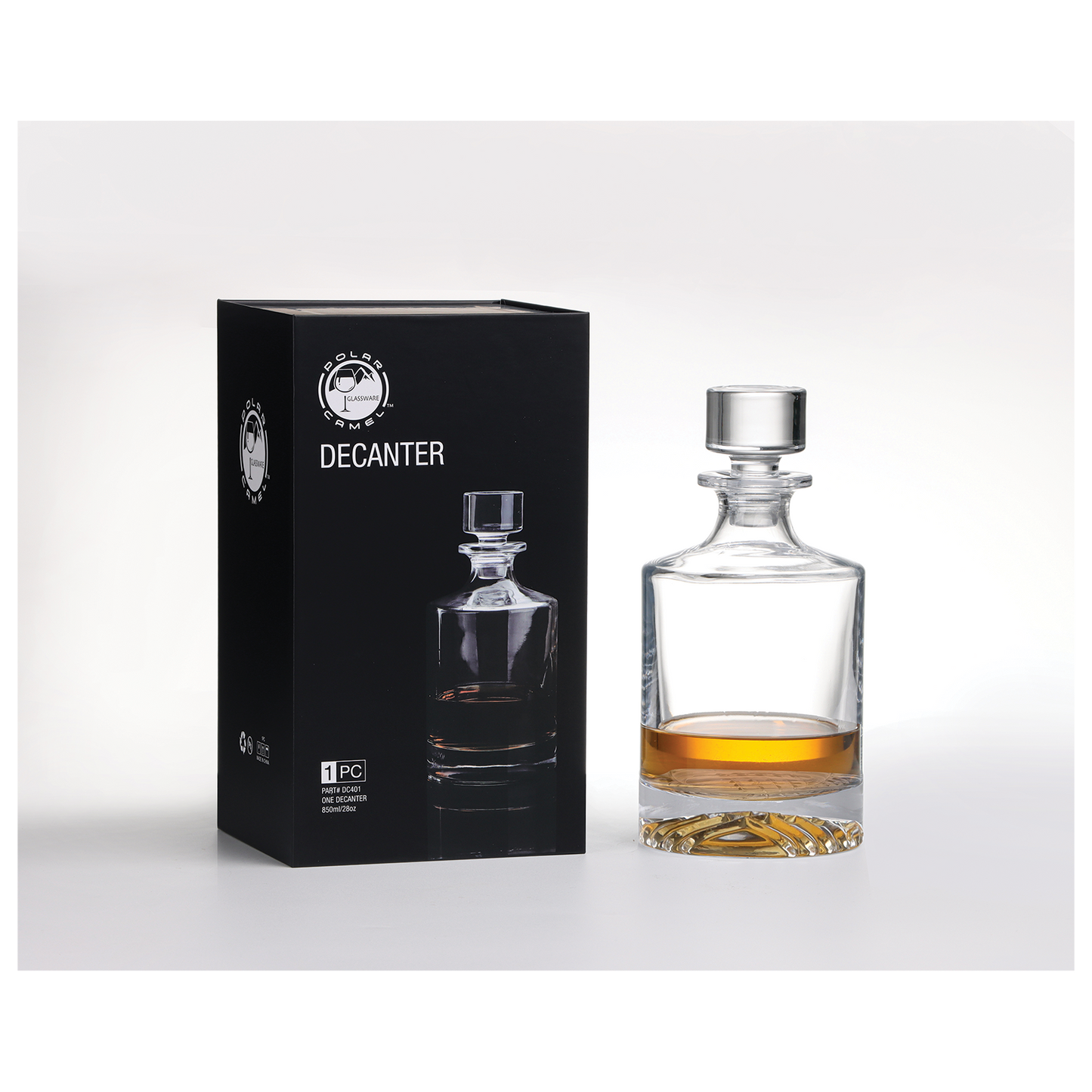 850 mL Round Glass Decanter in Black Gift Box with Printed Paper Sleeve