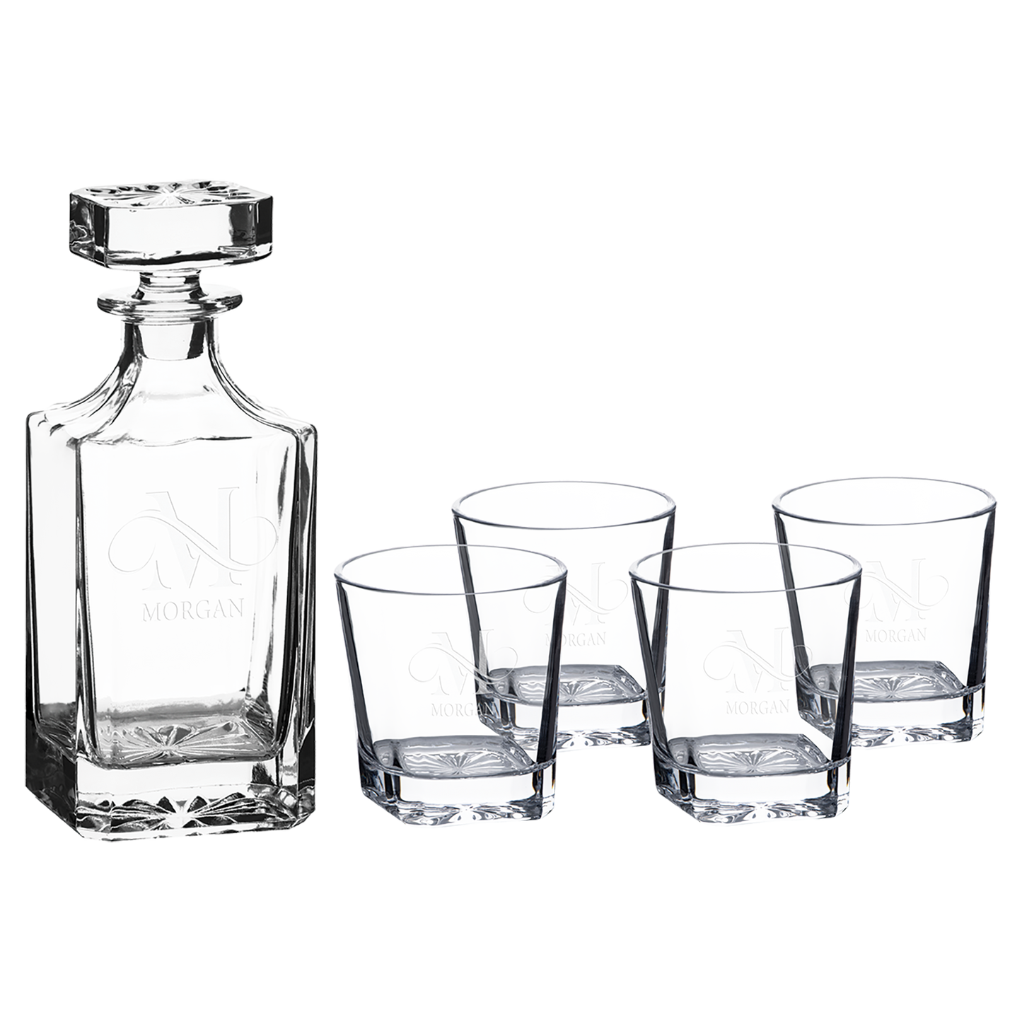 750 mL Square Glass Decanter Set with Four 11 oz. Rocks Glasses in Black Gift Box with Printed Paper Sleeve