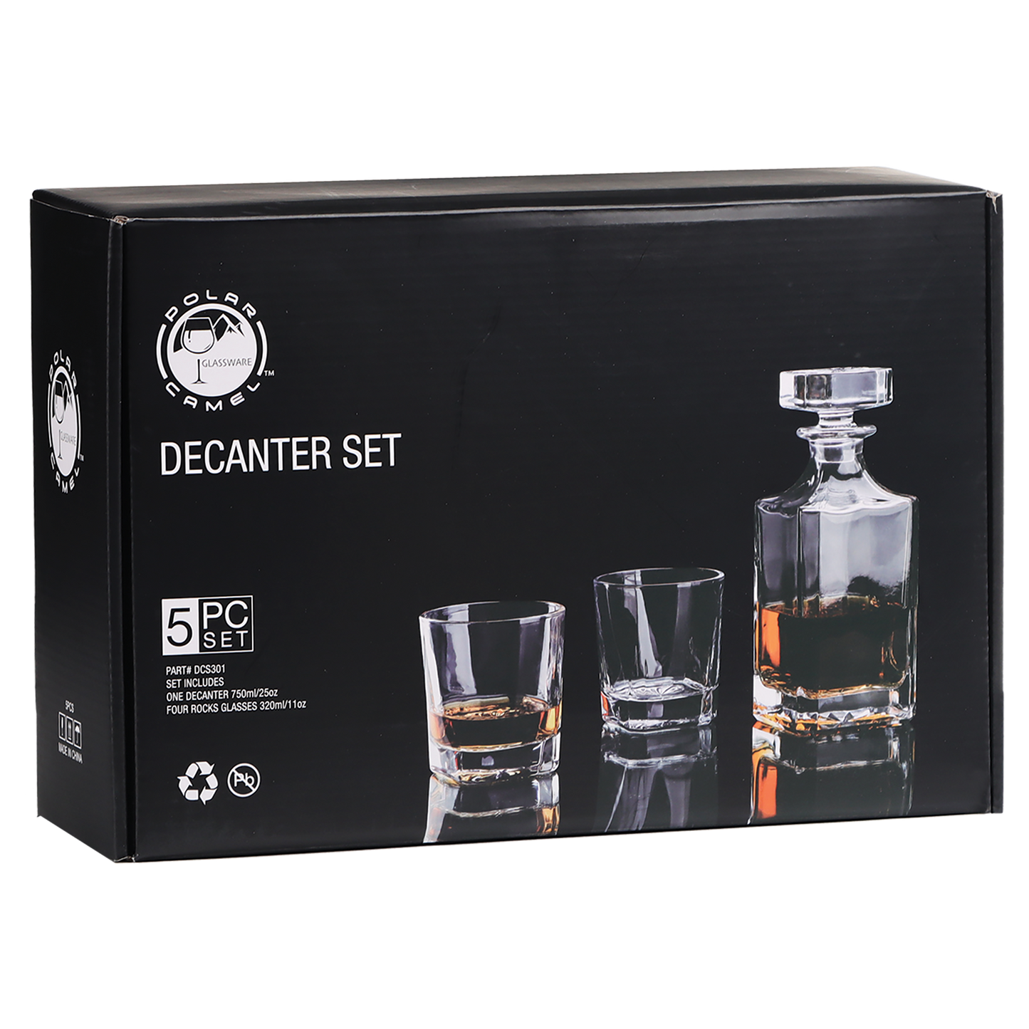 750 mL Square Glass Decanter Set with Four 11 oz. Rocks Glasses in Black Gift Box with Printed Paper Sleeve