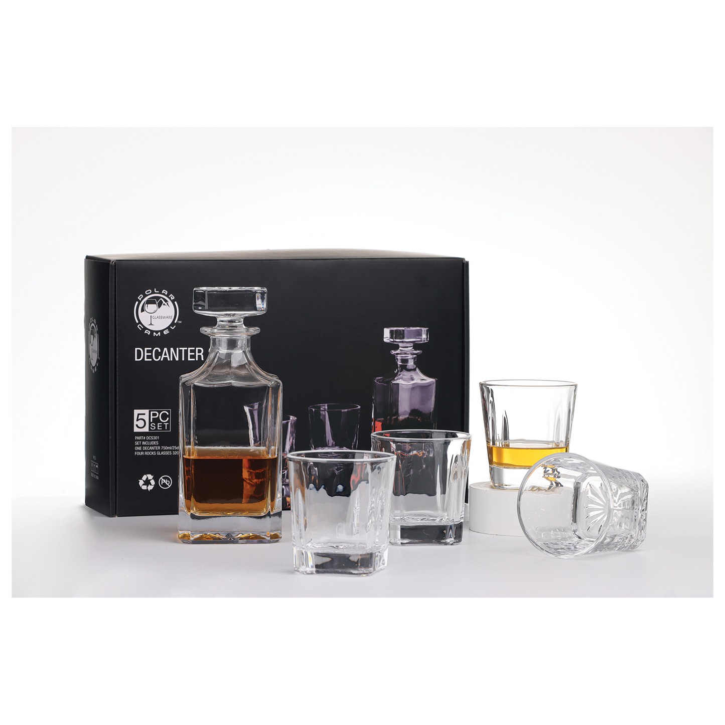 750 mL Square Glass Decanter Set with Four 11 oz. Rocks Glasses in Black Gift Box with Printed Paper Sleeve