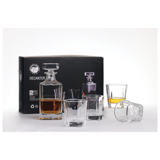 750 mL Square Glass Decanter Set with Four 11 oz. Rocks Glasses in Black Gift Box with Printed Paper Sleeve