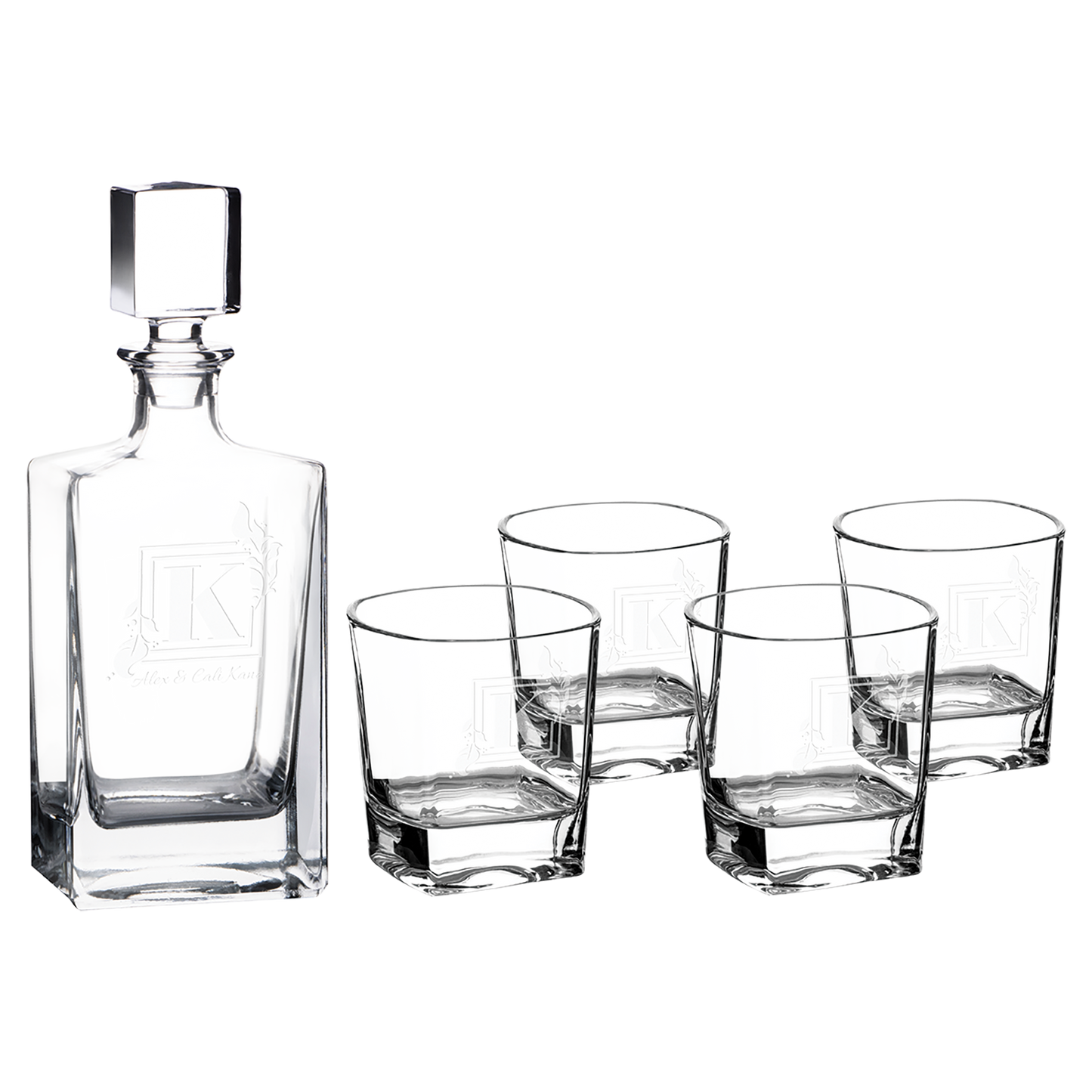 810 mL Rectangle Glass Decanter Set with Four 8 oz. Rocks Glasses in Black Gift Box with Printed Paper Sleeve