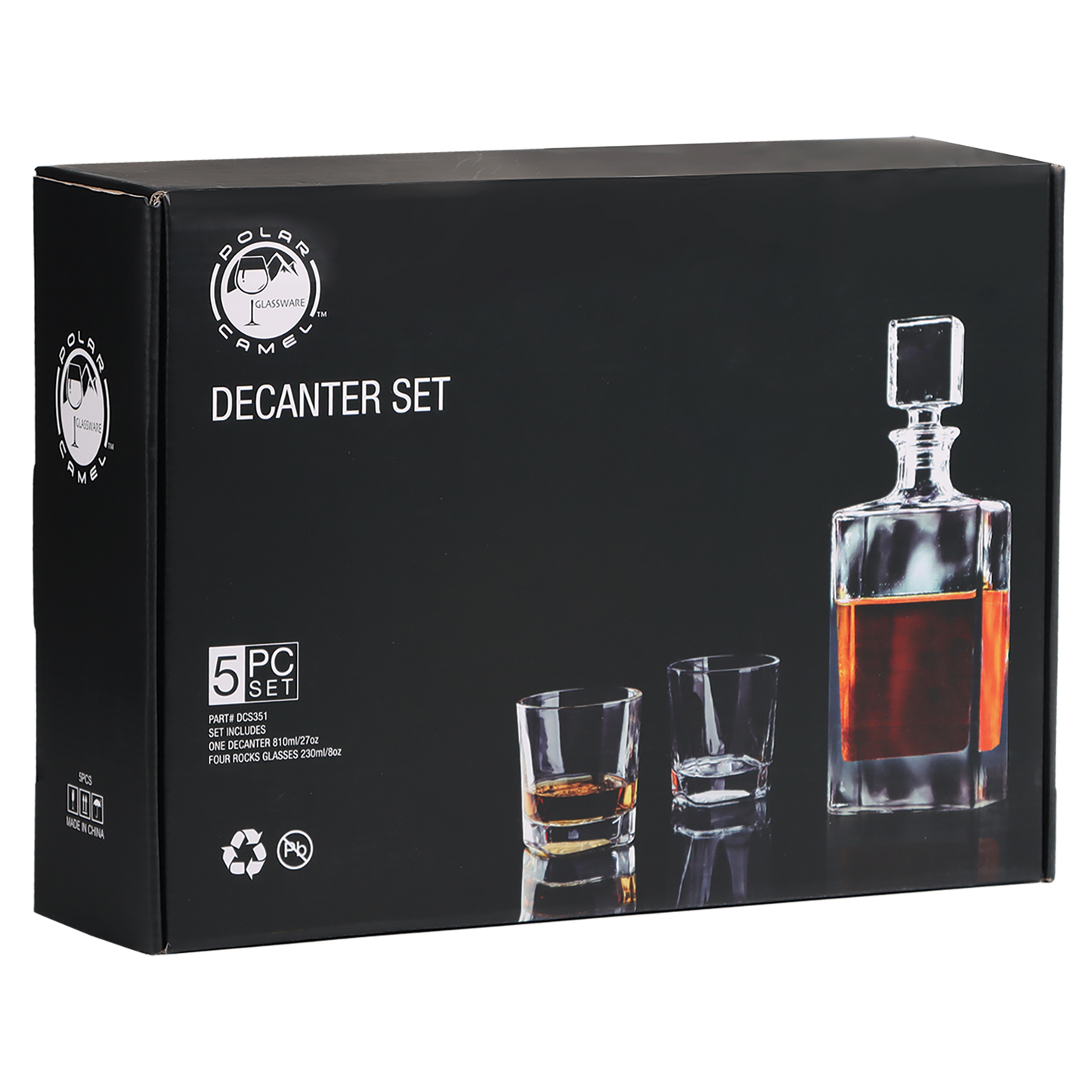 810 mL Rectangle Glass Decanter Set with Four 8 oz. Rocks Glasses in Black Gift Box with Printed Paper Sleeve