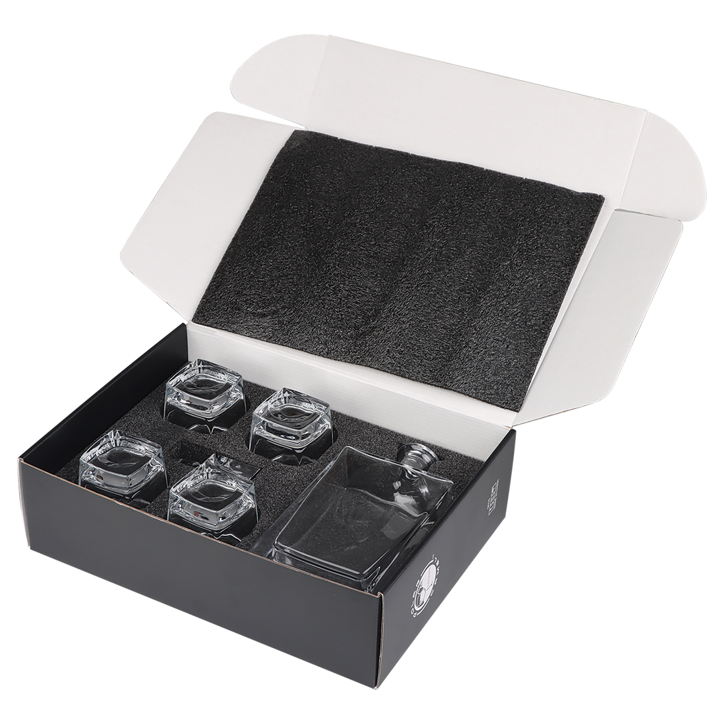 810 mL Rectangle Glass Decanter Set with Four 8 oz. Rocks Glasses in Black Gift Box with Printed Paper Sleeve