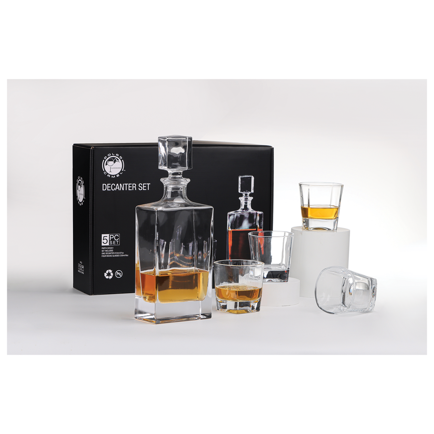 810 mL Rectangle Glass Decanter Set with Four 8 oz. Rocks Glasses in Black Gift Box with Printed Paper Sleeve