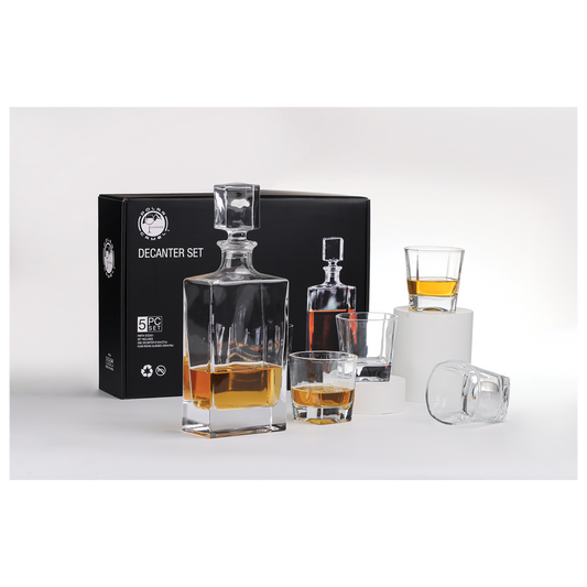 810 mL Rectangle Glass Decanter Set with Four 8 oz. Rocks Glasses in Black Gift Box with Printed Paper Sleeve